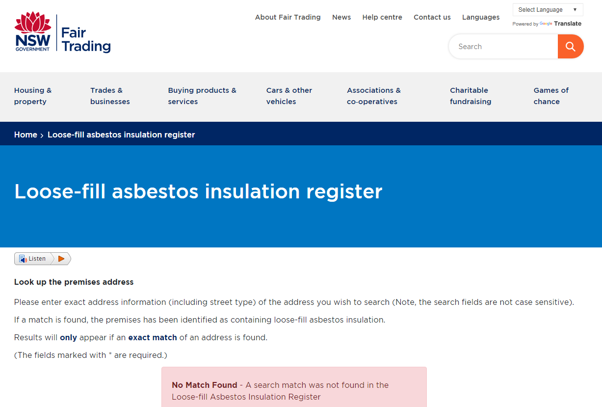 NSW State Government Loose Fill Asbestos Insulation Register Newcastle Property Investment and buyers agents